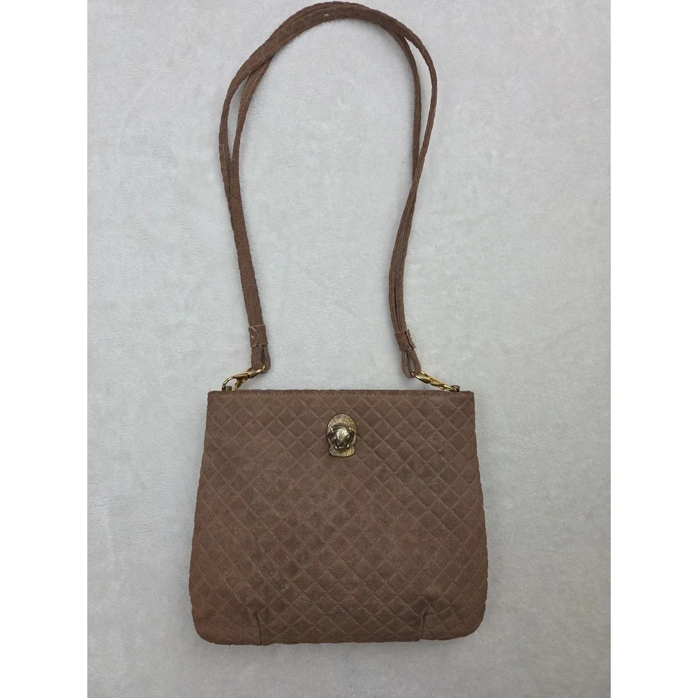 Vintage Ruth Saltz BROWN SUEDE Cougar Hinge Shoulder EVENING BAG Purse Tan Quilt